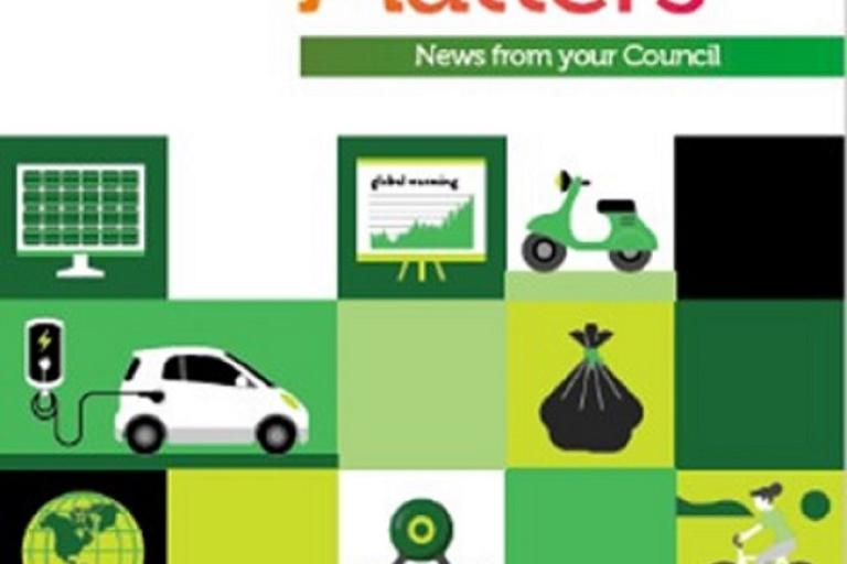 Various green tinted images arranged as a mosaic on the theme of sustainability