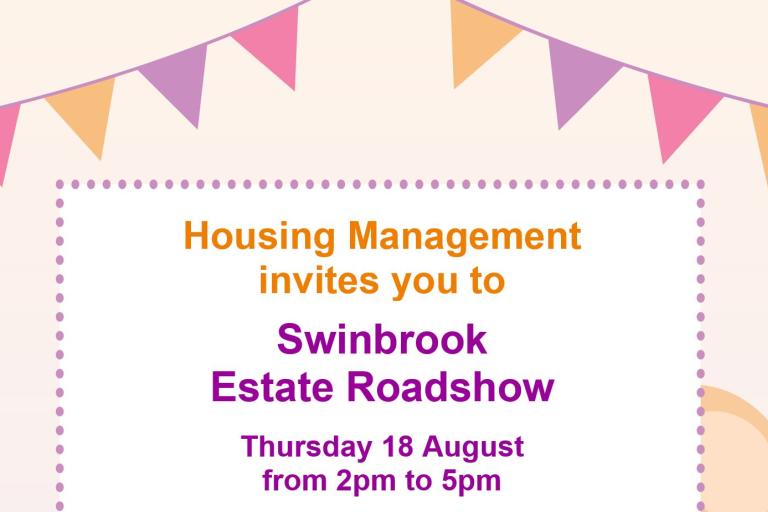 Event invite with illustration of bunting and text that reads Housing Management invites you to Swinbrook Estate Roadshow