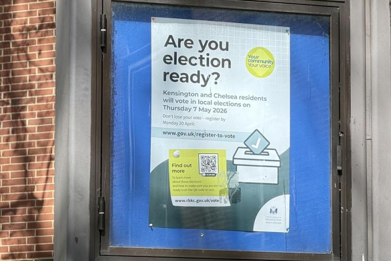 A poster board in Jubilee Square with elections guidance and reminders