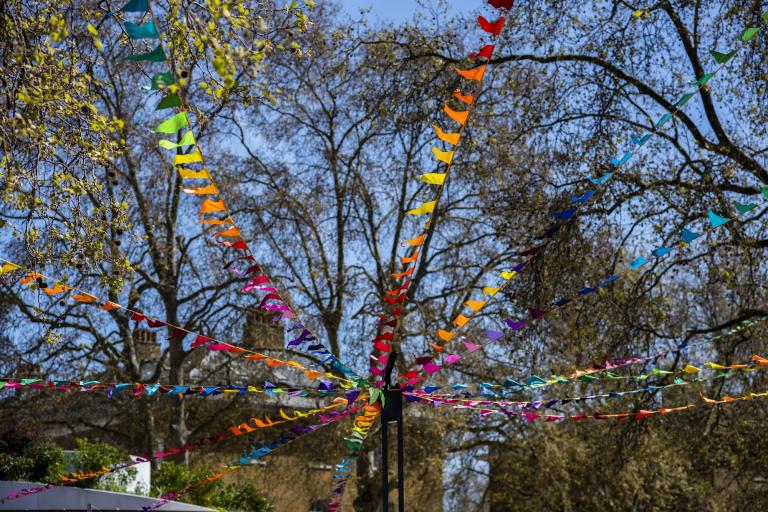 Colourful bunting in the sky surrounded by trees