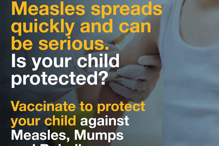 NHS message about measles with image of child being vaccinated