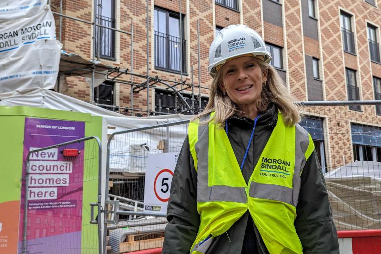 Cllr Sof McVeigh in front of Acklam Road New Homes