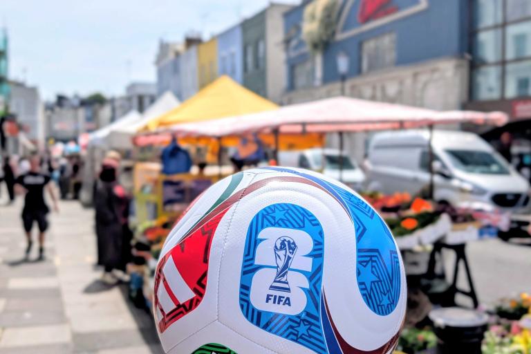 A World Cup football on display on Portobello Road