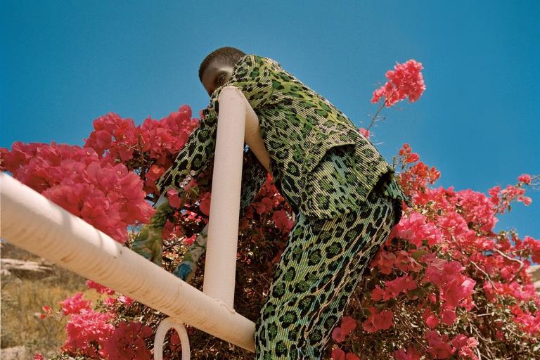 a black man in a green leopard suit poses over a fence against a blue sky and pink flowers for Saachi gallery exhibition
