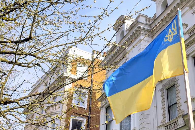 Ukrainian flag flies outside its embassy