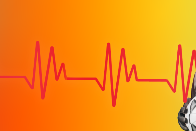 A man olds a ball behind a graphic of heart monitor beeps.