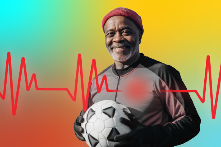 A man holds a ball behind a graphic of heart monitor beeps.