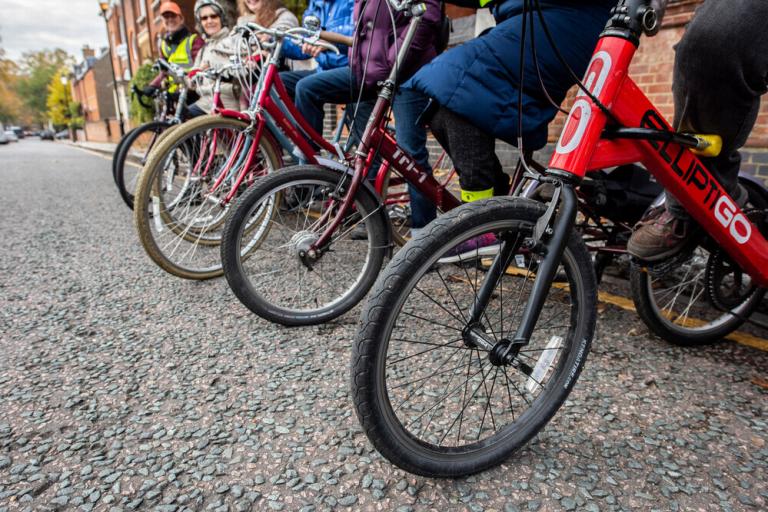 bicycles line up showing front wheels in a row