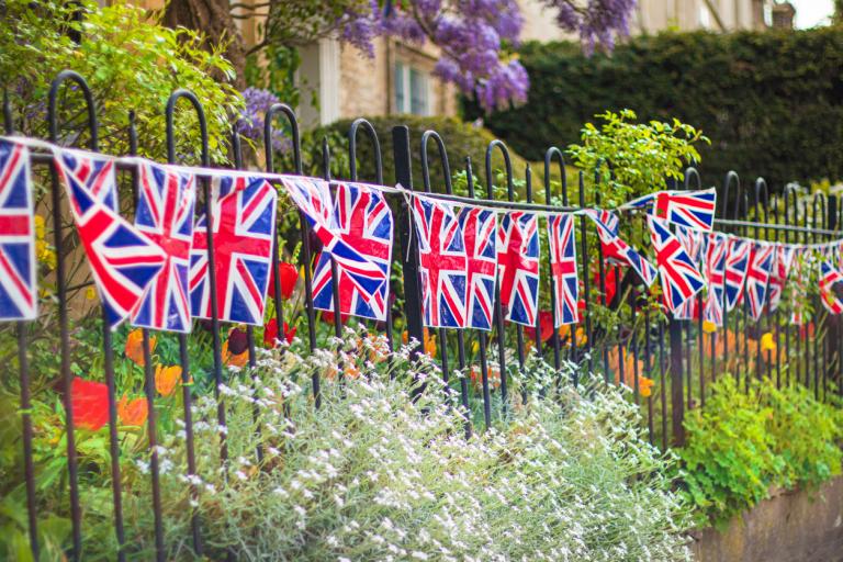 Union Jack Flag bunting decorated on a fence