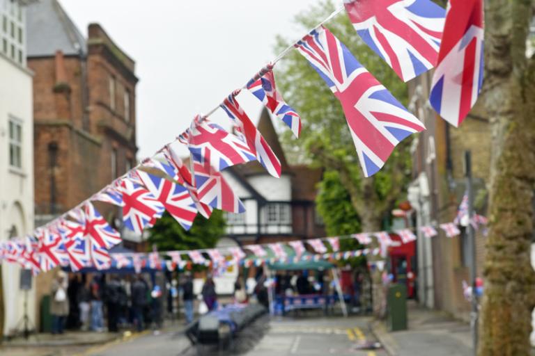 A picture of Union Jack Bunting on a street