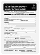 Application form for a permit or parking suspension to place a skip on the highway