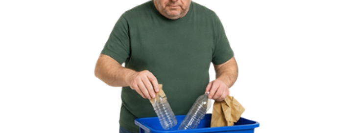 Person putting plastic bottles into a blue recycling bin.