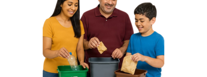 People putting recycling and food waste into the correct bins