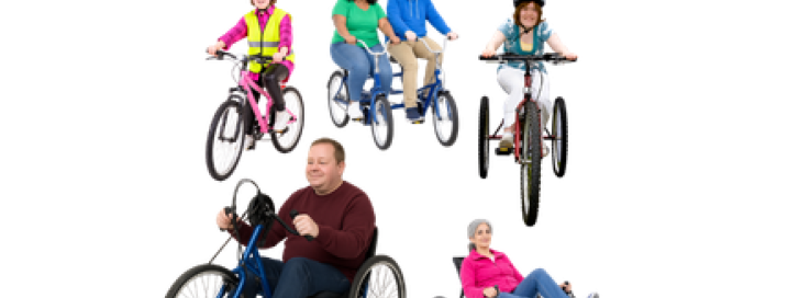 Five people using a range of standard and adapted bicycles and tricycles against a white background