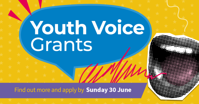 A promotional graphic for the Youth Voice Grants. It reads: Youth Voice Grants. Find out more and apply by Sunday 30 June
