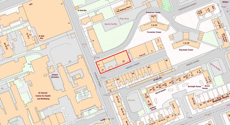 15-17 Hewer Street site outlined in red