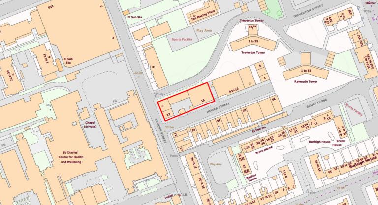 15-17 Hewer Street site outlined in red 15-17 Hewer Street site outlined in red