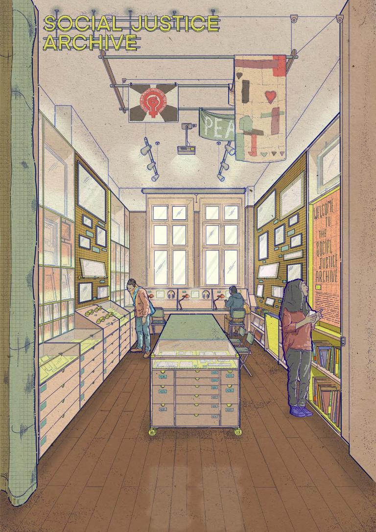 Illustration of the North Kensington Social Justice Archive showing archive displays, bookshelves, research desks and visitors using the space, with protest banners and artwork suspended from the ceiling, including a large acoustic curtain.