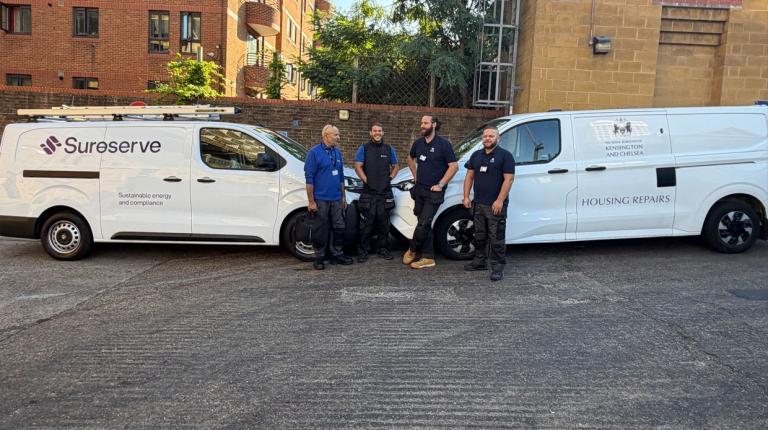 4 men in uniform standing infront of a sureserve van and an rbkc van