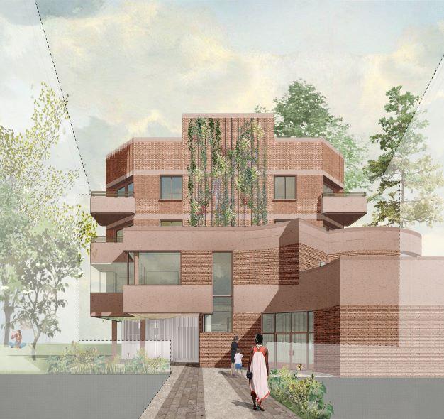 Rendering of proposed building. View from the approach.