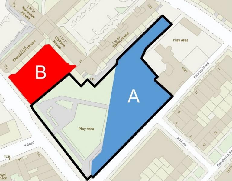 Map of the Athlone Gardens redevelopment with area A marked in blue and area B marked in red
