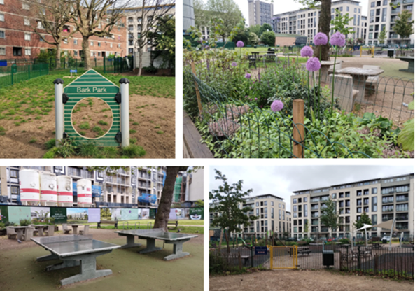 Four views of Athlone Gardens showing a dog exercise area, flower beds with purple blooms, outdoor table tennis tables, and fenced play spaces surrounded by residential buildings