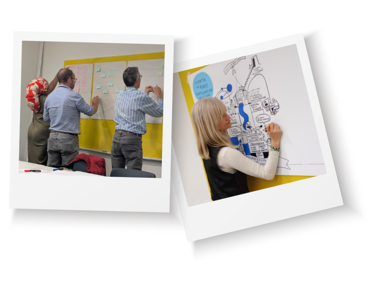 Residents taking part in a community workshop, adding feedback to discussion boards and contributing to a visual engagement exercise