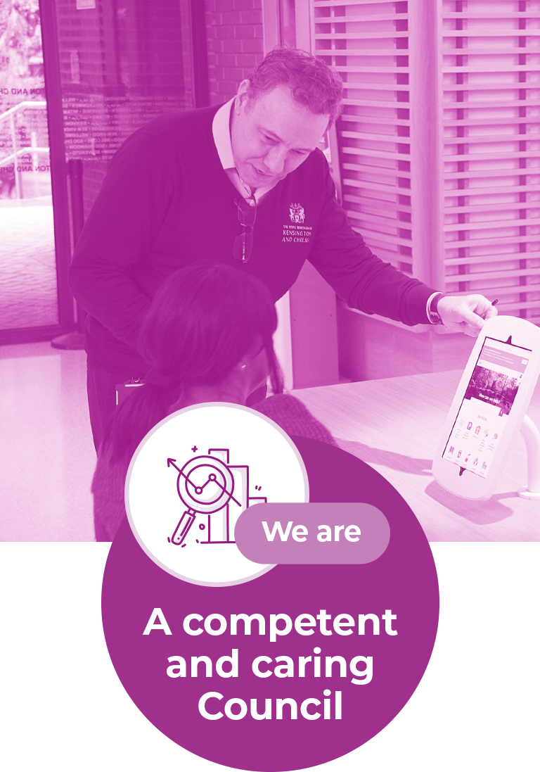 A large rectangle graphic with a photo of a member of the Council’s Customer Services staff helping a resident on an iPad. The photo is covered with a purple tint. This photo is the background of the graphic. At the bottom is a large purple circle with white text that says “We are a competent and caring Council.”