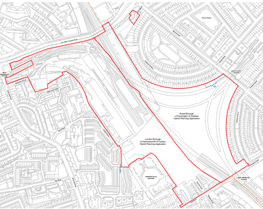 Map showing the extent of the Earls Court Opportunity Area in RBKC and LBHF