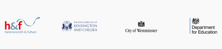 Logos of Hammersmith and Fulham, RBKC, Westminster City and the Department of Education