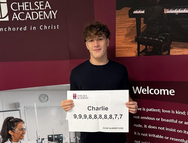 Chelsea Academy student Charlie celebrates his GCSE results