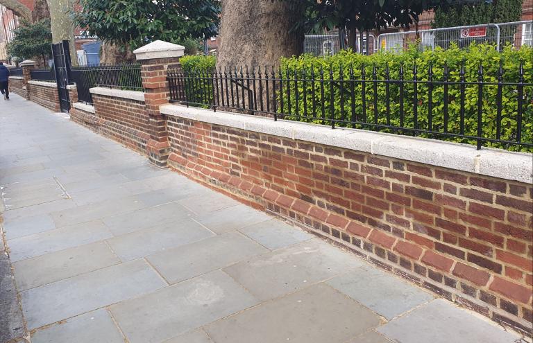 refurbished pavement, railings and brickwork at Hotensia House