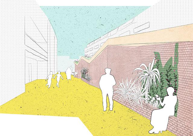 Illustration of the pedestrian area in front of the centre Illustration of the pedestrian area in front of the centre