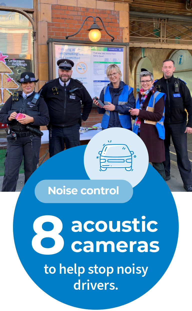 A large rectangle graphic with a photo of Kensington and Chelsea Community Wardens standing outside a London Underground station. This photo is the background of the graphic. At the bottom is a large light blue circle with white text that says “Noise control 8 acoustic cameras to help stop noisy drivers.”