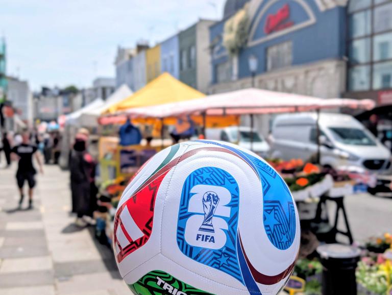A World Cup football on display on Portobello Road