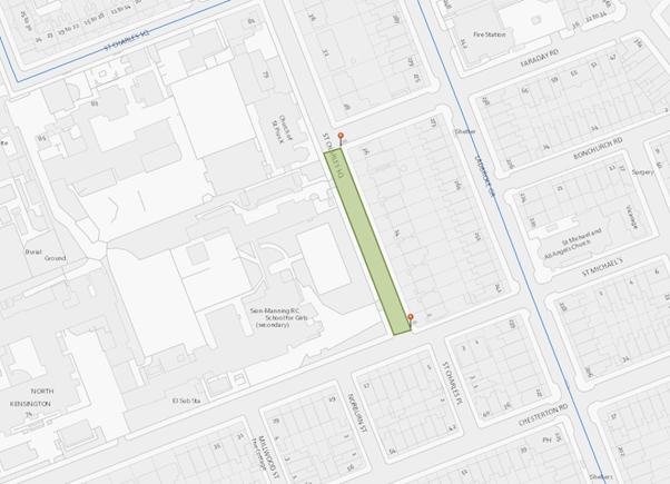 Map showing the steet and location of the school street trail for All Catholic College