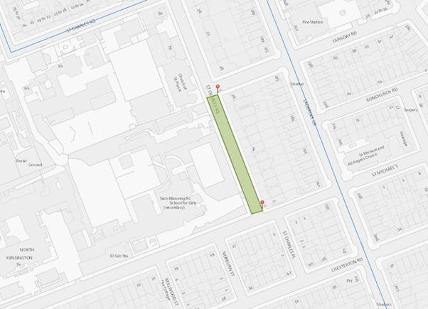Map showing the steet and location of the school street trail for All Catholic College Map showing the steet and location of the school street trail for All Catholic College