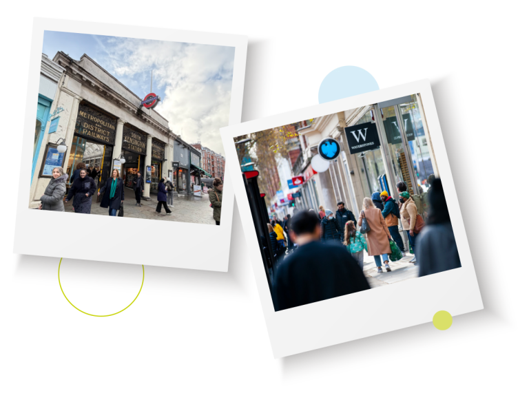 Two photographs showing South Kensington Station and a busy local shopping street, highlighting everyday life in Kensington and Chelsea