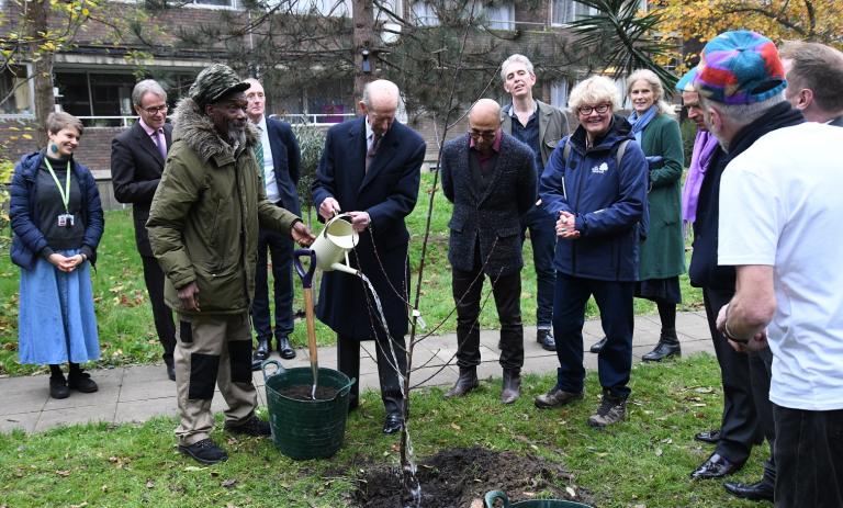The Duke of Kent plants a tree on the Lancaster West Estate