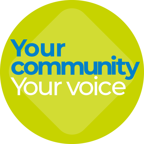 The badge for the Your Community Your Voice campaign