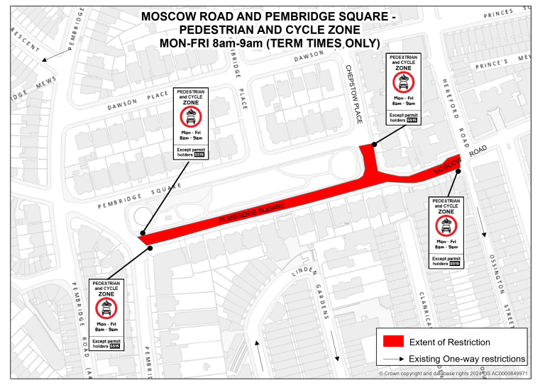 Moscow Road and Pembridge Square road closure zone