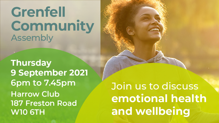 A flyer for the Grenfell Community Assembly in September 2021