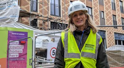 Cllr Sof McVeigh in front of Acklam Road New Homes
