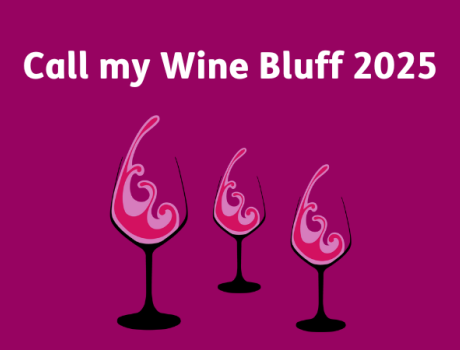 Graphic showing three half -filled wine glasses on a pink background