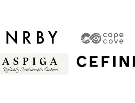 Logos of NRBY, Cape Cove, Aspiga (tagline: "Stylishly Sustainable Fashion"), and Cefinn, promoting a multi-brand sample sale.