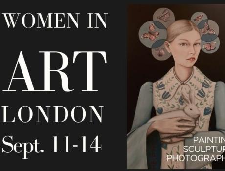 Promotional poster for "Women in Art London," featuring a stylised artwork of a person holding a white rabbit, with their face obscured by a square. Surrounded by butterflies and floral patterns. Event runs 11–14 September and includes painting, sculpture, and photography.